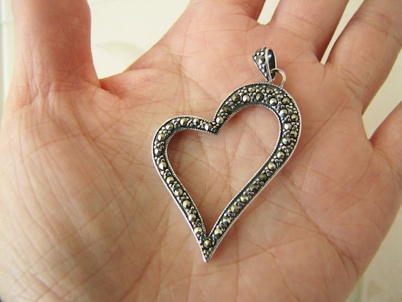 Marcasite Sterling Silver Abstract Open Heart Pen… - image 1