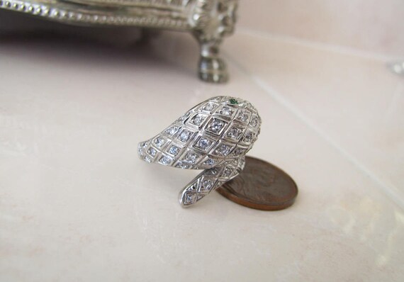 Snakes Sterling Silver Ring, Size 6, paved CZ, green eyes View 6