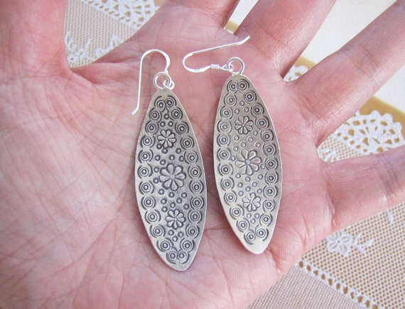 Sterling Silver Hand Etched Earrings, Tribal etch… - image 3