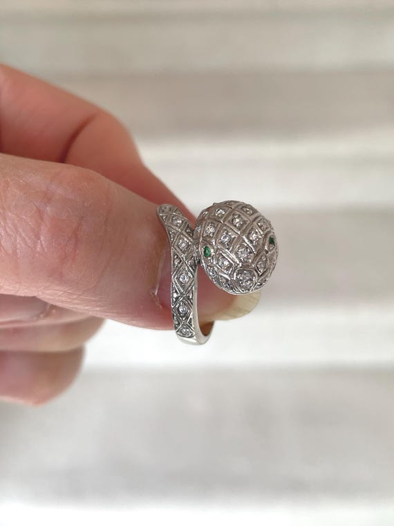 Snakes Sterling Silver Ring, Size 6, paved CZ, green eyes View 3