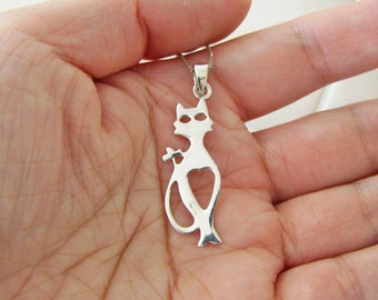 Abstract Cat Sterling Silver Pendant, cat lover