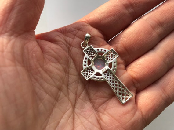 Ruby Opal Celtic Cross sterling silver Pendant, S… - image 3