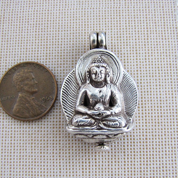 Vintage Buddha Sterling Silver Prayer Box Pendant, Sterling locket pendant, gift of faith