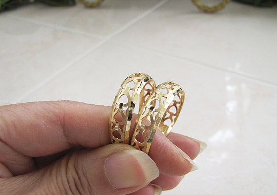 Solid 14K Gold Heart Pattern Cut Hoop Earrings, S… - image 5