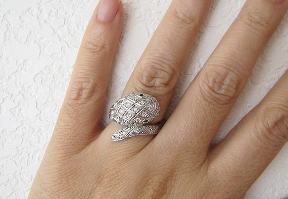Snakes Sterling Silver Ring, Size 6, paved CZ, green eyes