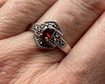 Garnet Marcasite Sterling Silver Ring, Size 8, Victorian Style