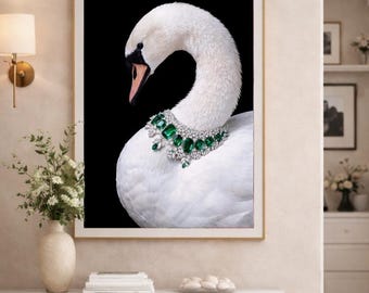 Ritratto di cigno reale con collana di smeraldi – Stampa artistica di lusso con animali (digitale)