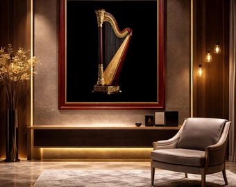 Stampa classica di lusso con arpa dorata, decorazione murale con musica classica (download digitale)