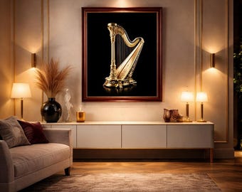 Lussuosa decorazione murale con arpa dorata, poster di musica da concerto barocca (download digitale)