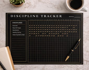 Strumento di monitoraggio delle abitudini stampabile – Agenda mensile per il monitoraggio delle abitudini in nero e oro (download digitale)