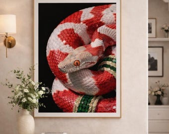 Stampa artistica di serpente gioiello, stampa murale di serpente rosso e bianco, gioielli in oro smeraldo (download digitale)
