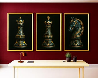 Stampe artistiche di scacchi blu navy e oro / Elegante regina, re, cavallo (download digitale)