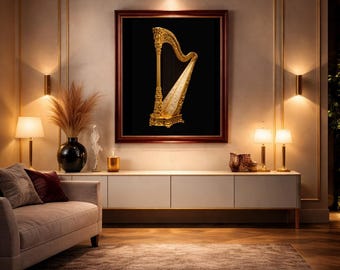 Stampa decorata di arpa dorata, decorazione da parete per sala concerti barocca (download digitale)