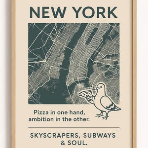 Pode incluir: Uma impressão emoldurada com um mapa da cidade de Nova York em verde escuro sobre um fundo creme. O texto "NEW YORK" está no topo. Abaixo, um pombo segura uma pizza, com o texto "Pizza in one hand, ambition in the other."