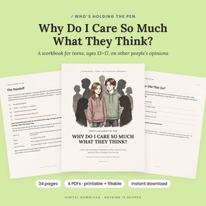 以下が含まれることがあります： Why Do I Care So Much What They Think?というタイトルのデジタルワークブック。中央の2人の人物と周囲のシルエットが描かれています。34ページ、4つのPDFファイルで構成され、印刷や入力が可能な即時ダウンロード形式です。