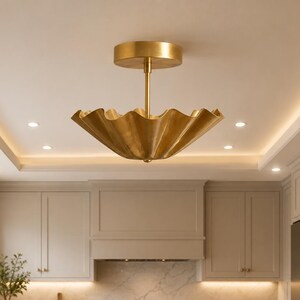 Brass Scalloped Flush Mount Light, Mid Century Modern Shell Ceiling Lamp, Pleated Fixture