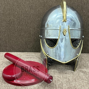 Medieval Viking Warrior Helmet | Brass and Steel Helmet with Display Stand | Norse Cosplay Armor | LARP Collectible Prop | Handmade