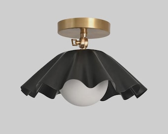 Black Brass Flush Mount Ceiling Light, Fluted Shade Mid Century Fixture