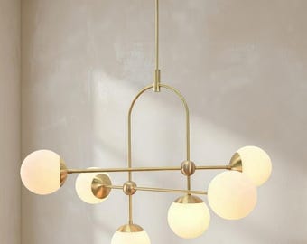 Mid Century Brass Globe Chandelier: 6-Light Glass Orb Ceiling Fixture