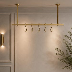 Solid Brass Ceiling Clothes Rail with S Hooks, Garment Rack, Kitchen Pot Display