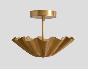 Mid Century Modern Brass Scalloped Flush Mount Light Fan Pleated Shell Ceiling Lamp
