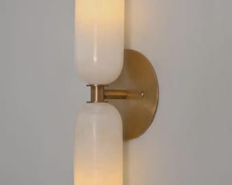 Mid Century Brass Double Wall Sconce Alabaster Bathroom Vanity Light Modern Wall Lamp