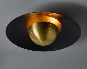 Matte Black Brass Dome Semi Flush Mount Ceiling Light, Mid Century Modern Fixture