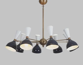 Mid-Century Modern Sputnik Chandelier, Brass Black Dual Cone Pendant Light