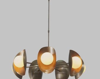 Mid Century Modern Sputnik Chandelier 6 Arm Brass Shell Globe Pendant Light