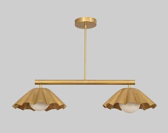 Modern Brass Linear Chandelier, Fluted Shade Pendant, Mid Century Kitchen Island Lighting