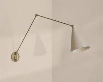 Brass Swing Arm Wall Lamp Cream Perforated Shade Sconce
