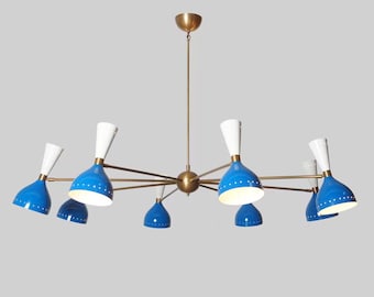 Mid Century 8-Arm 16-Light Sputnik Chandelier – Raw Brass Stilnovo Style, Custom Color
