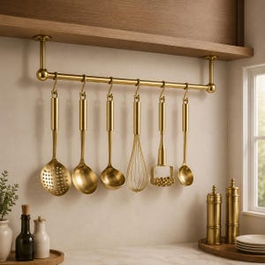 Unlacquered Brass Pot Rail with S Hooks, Wall Mounted Kitchen Pot Rack, Ceiling Hanging Utensil Rail, Solid Brass Pan Hanger
