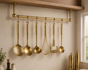 Riel para ollas de latón sin lacar con ganchos en forma de S, estante de cocina para ollas montado en la pared, riel para utensilios de techo, colgador de sartenes de latón macizo