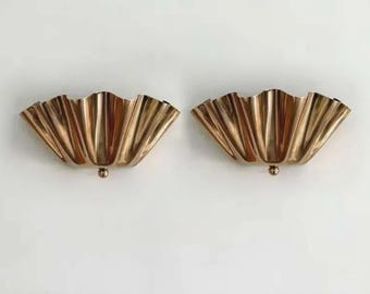 Set of 2 Polished Brass Fan Sconces | Art Deco Pleated Wall Light Pair