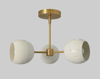 Mid Century Modern Brass Chandelier, 3 White Globe Shades, Minimalist Lighting Fixture
