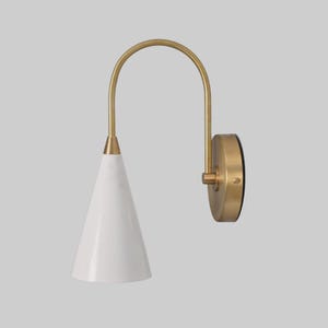 Modern Brass Wall Sconce, White Cone Shade, Mid Century Lamp, Minimalist Bedside Light