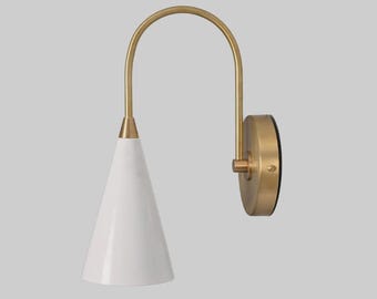 Modern Brass Wall Sconce, White Cone Shade, Mid Century Lamp, Minimalist Bedside Light