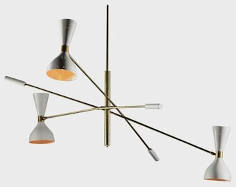 Mid Century Modern Brass Sputnik Chandelier, 3-Arm Black Metal Pendant Light