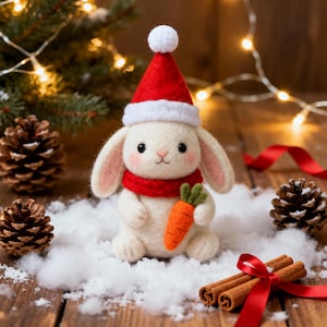 Könnte beinhalten: Ein weißer Filzhase mit rotem Weihnachtsmannhut und Schal, der eine Karotte hält. Der Hase sitzt auf Kunstschnee mit Tannenzapfen und Zimtstangen in der Nähe. Ein rotes Band und Weihnachtsbeleuchtung befinden sich im Hintergrund.