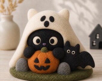 Halloween Felt Animal Decor, Ghost Pumpkin Ornament, Handmade Wool Halloween Gift, Fall Decoration