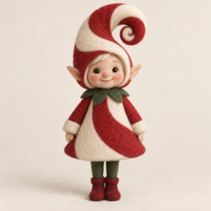 Può includere: Una statuetta di elfo in lana infeltrita con un vestito a righe rosse e bianche stile bastoncino di zucchero e un cappello ricurvo abbinato. L'elfo ha orecchie a punta, un colletto verde, leggings verde scuro e stivaletti rossi in lana.