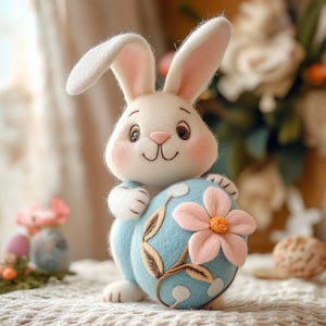 Handgemaakte vilten paashaas met bloemenei, paasdecor, cadeau voor kinderen, lentedecoratie