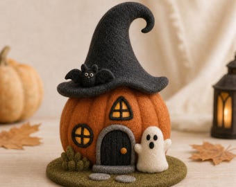 Cabaña encantada de fieltro hecha a mano, figura de casa fantasma, regalo de Halloween para niños, decoración de mesa de otoño