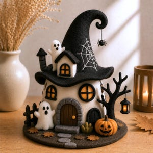 Diorama de casa embrujada de fieltro, lindo centro de mesa de Halloween, decoración de mesa de bruja espeluznante