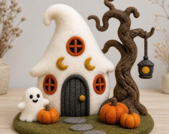 Halloween Haunted House Decor – Handmade Felt Ghost Cottage, Autumn Shelf Gift