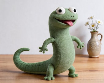 Statuetta di lucertola Tom realizzata a mano in feltro ad ago, fan art di HOPPERS, animale domestico da scrivania, regalo a tema rettile e meme.