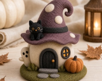 Handmade Felt Ghost Cottage, Halloween House Decor, Autumn Decor, Boo Basket Gift for Kids