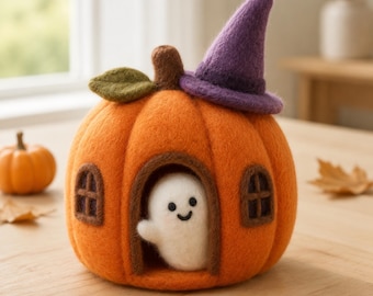 Ghost in Pumpkin House Figurine, Felt Halloween Decor Gift for Kids, Boo Basket Stuffer