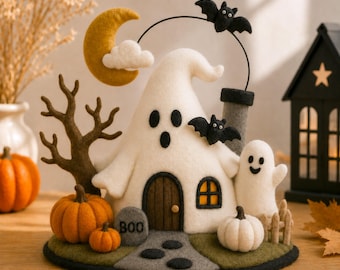 Felt Haunted House Diorama, Personalized Halloween Centerpiece, Spooky Ghost Table Decor